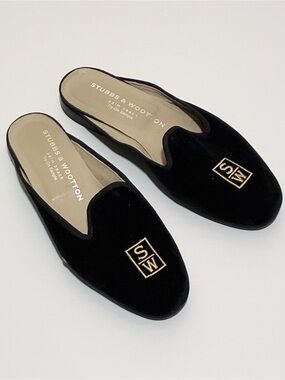 Stubbs & Wootton Black Velvet Mule Loafers - Size 6